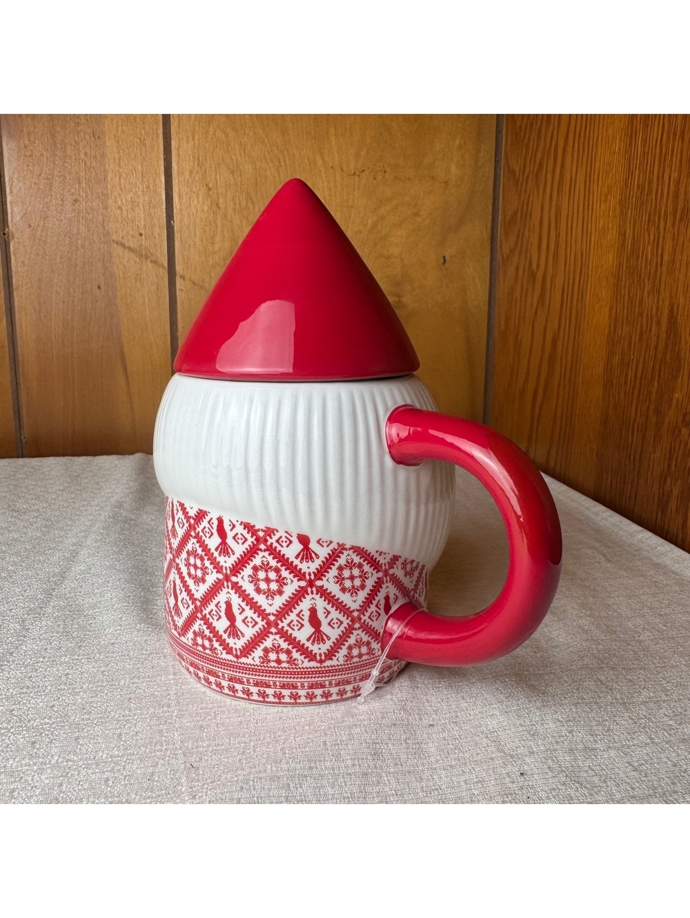 Christmas Gnome Mug With Lid Red Hat Ceramic Holiday Coffee Cup Nordic Decor - Picture 3 of 7